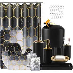 BSSN 25 Pieces Black and Gold Accessories Set with Shower and Rugs,, Brush, Soap Dispenser, Toothbrush Holder, Qtip Jars, Tray and, Complete Bath Set