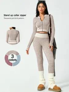 2-piece set seamless women's sportswear set with houndstooth long sleeved pants anti slip thumb hole high waist tight yoga clothes indoor fitness clothes running and outdoor sports women's sportswear Sports Activewear Set