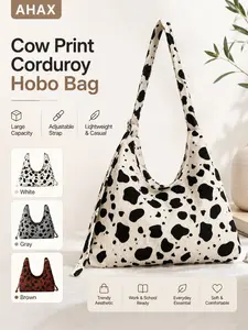 Ahax Cow Print Corduroy Hobo Crossbody Bag, Large Capacity, Adjustable Strap, Lightweight, Casual Aesthetic, for Work, School, Daily Use