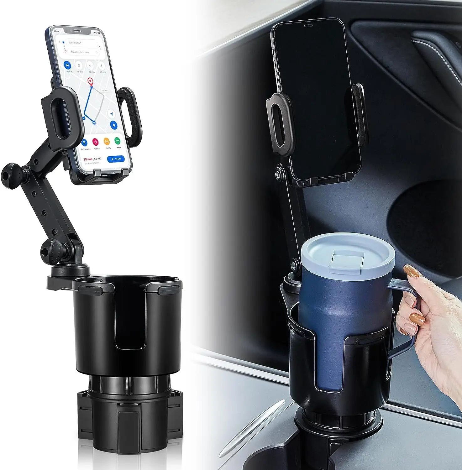 2024 Car Cup Holder Expander Adjustable Base with Phone Mount THIS HILL 360° Rotation Cup Holder Cell Phone Holder for Car Compatible with iPhone All