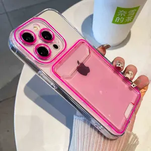 Candy Clear Slot Card Wallet Holder Case For iPhone 16 Pro Max 15 14 Plus 13 12 11 Camera Protection Neon Soft Silicone Cover