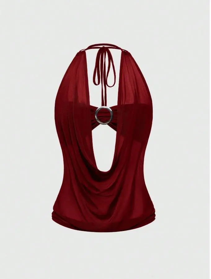 SHANIAH Camiseta sin tirantes estilo hippie Y2K para mujer, con escote pronunciado y espalda descubierta, Retro Deep Draped Neck Backless Street Style Strapless Tank Top