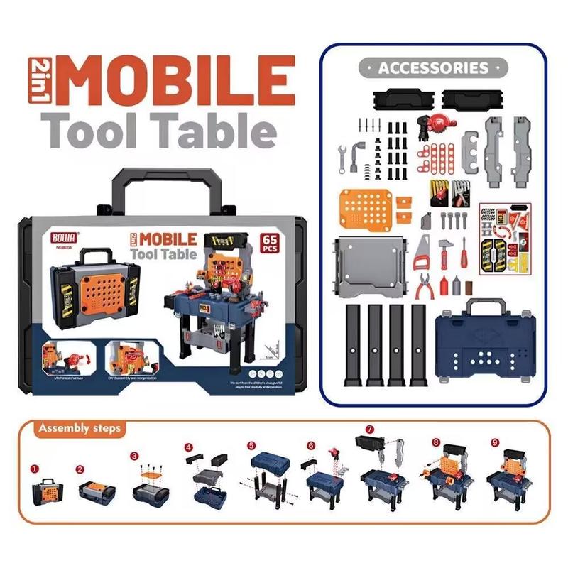 2-in-1 Kids Tool Bench & Mobile Repair Play Set,65 Pcs with Electronic Drill Toy, Screwdriver & Realistic Tools, STEM Pretend Play for Ages 3-5