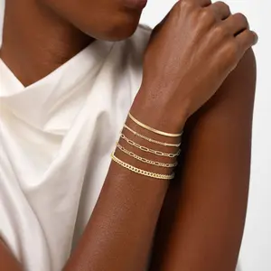 5PCS Gold Bracelets Set for Women, 14K Gold Plated Stackable Snake Chain Bracelets Adjustable, Dainty Chain Bracelet Stack