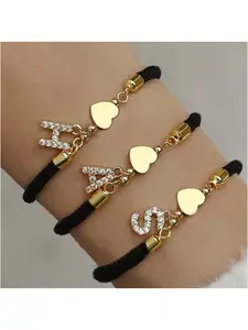 Initial Heart Pendant Letter Chain Woven Hand Bracelet, Fashion Versatile Women's Jewelry, Vintage Adjustable Rope Bracelet