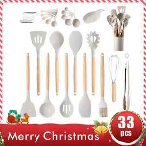 Pink & Practical: 33-Piece Kitchen Tool Set with Silicone Heads & Wood Handles | Non-Scratch for All Cookware | Complete Baking & Cooking Starter Kit Wooden Spatulas Utensils