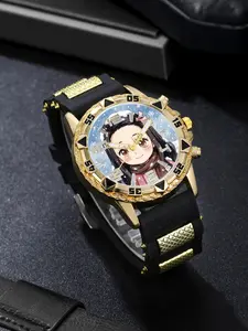 Ghost Slayer Trendy Gold Sporty Watch, Student Analog Quartz Watch, Perfect Gift for Daily Parties, Back-To-School, Anime Cosplay