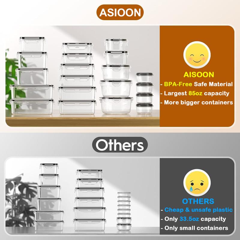AISOON 40 PCS 85Oz Airtight Food Storage Set (20 Containers & Lids), BPA-Free,Leakproof, Microwave-Safe,for Kitchen Organization, Fruit Organizer Snackboxcontainer Square