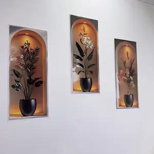 Elegant Tropical Plant Niche Wall Stickers, Decorative Sticker, Wall Art Stickers, Arch Display Window Theme Exotic Leaf Floral Fake Window Scene, Removable Self-Adhesive PVC Wallpaper, Sticker Decorations, Wall Decal
