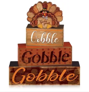4 Pcs Fall Decor for Home Pumpkin Scarecrow Turkey Wooden Signs with Sayings Thanksgiving Fall Tiered Tray Decor Hello Fall Table Decorations for Autumn Thanksgiving Farmhouse Decor(Turkey)