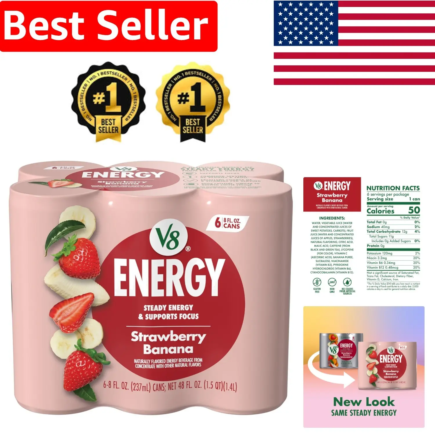 6 Cans of Strawberry Banana Energy Drink - Energizing Plant-Based Juice Blend