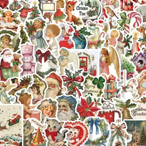 Vintage Christmas Themed Sticker, 56pcs Cute Cartoon Pattern Decorative Sticker, DIY Decals for Water Bottle, Laptop, Phone Case, Scrapbooking, Journal Making, Ornaments