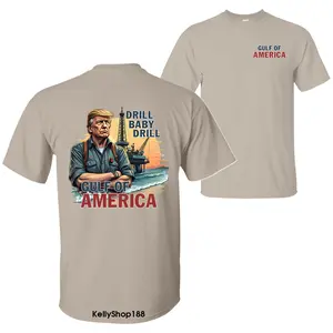 Drill Baby Drill 47th President Trump Standing on an Oil Rig on the Gulf of America Shirt, 4th of July Unisex Cotton T-shirt for Men for Women