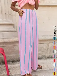 Women's Striped Print Wide Leg Pants,Casual Comfy Trousers Pockets for Daily Wear, Ladies Bottoms for All Seasons, Womenswear