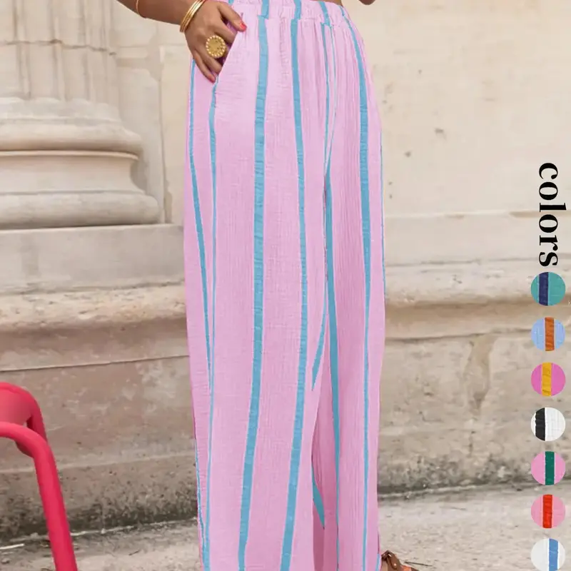 Women's Striped Print Wide Leg Baggy Pants Pockets High Waisted,Casual Comfy Trousers for Daily Wear, Ladies Bottoms for All Seasons
