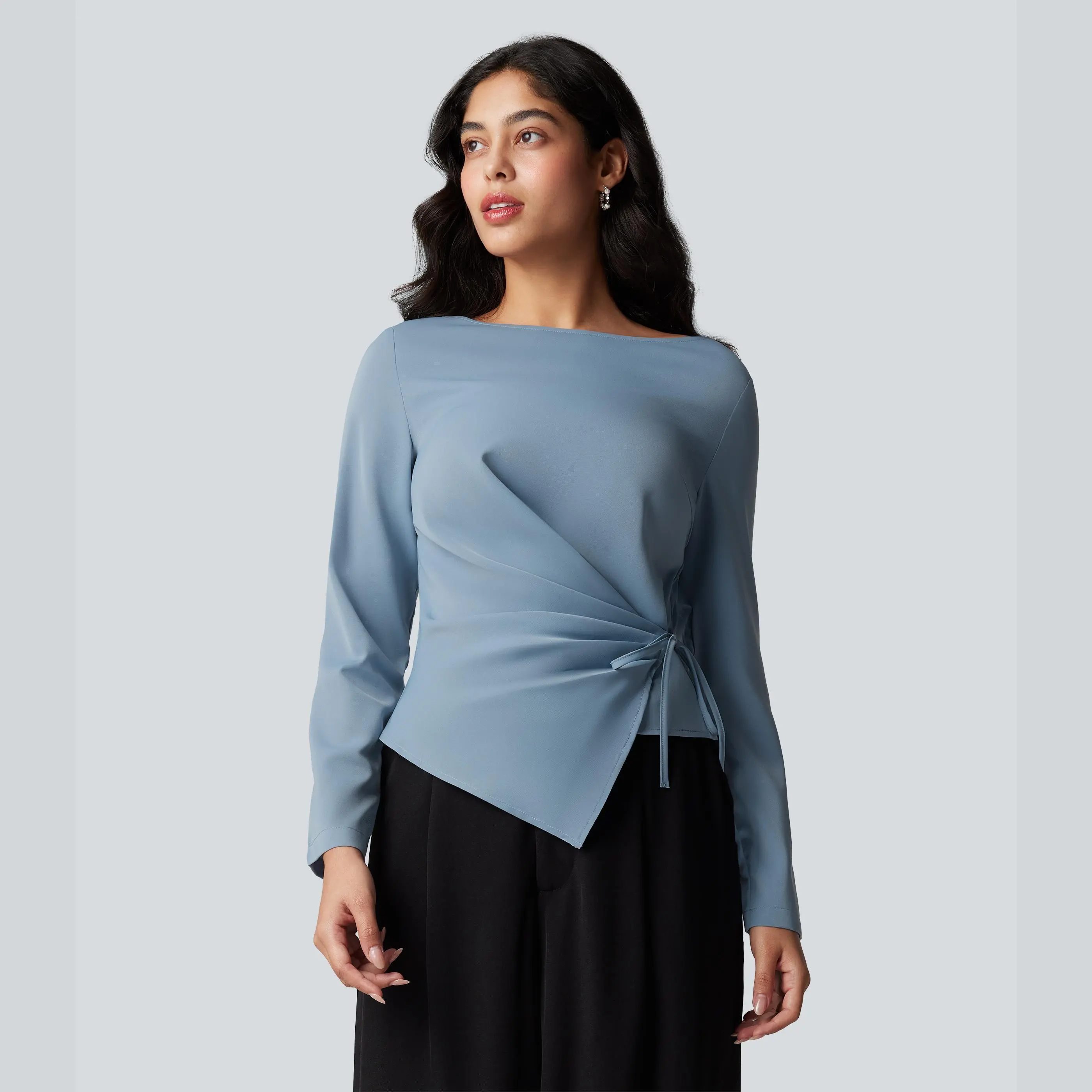 Halara Wrinkle-resistant Boat Neck Long Sleeve Ruched Tie Work Blouse