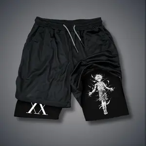 Hunter x hunter 80s 90s Double-Layer Sports Shorts Graphic Shorts Black Camo Streetwear Shorts Men Outfits Men Vacation Outfits Shorts