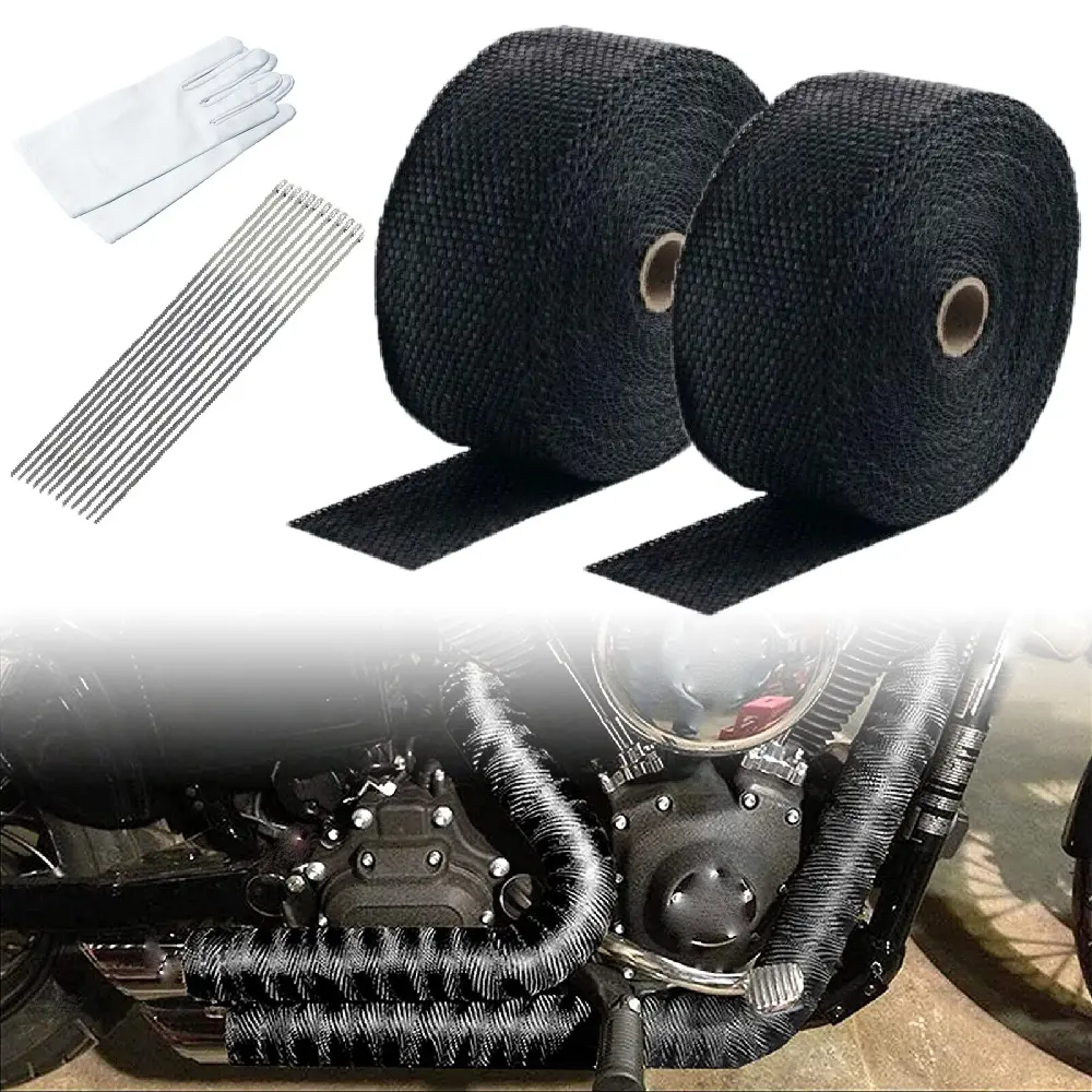 2inch x 50FT Black Pipe Header Exhaust Heat Wrap Tape 2 Roll Fiberglass For Cars Motorcycle With Gloves + 24 Stainless Steel Ties Kit Set