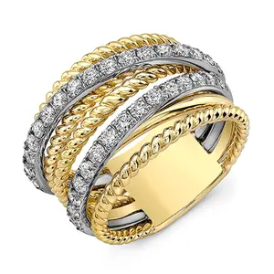 Fashion Multi-Band Two-Tone Pave CZ Ring | Twisted Rope Stackable Statement Jewelry