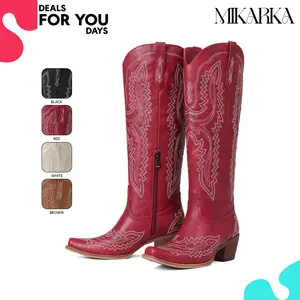 Womens Cowboy Boots Knee High Boot Pointed Toe Chunky Block Heel Side Zipper Embroidered Comfy Wide Calf Easy Pull On Classic Western Retro Party Country Wedding Festival Riding Work Tall Trendy Boots Deals For You Days