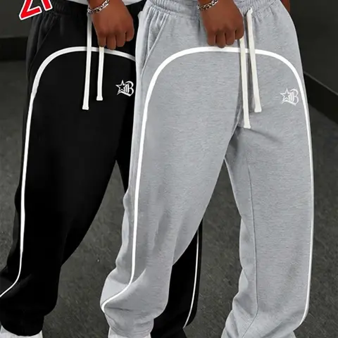 Men’s Y2K white-line wide-leg sweatpants two-piece set, fleece lining, loose fit with drawstring, street-style athletic long pants, available in 9 colors, one size fits all
