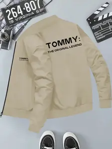 Classic Tommy Declaration Print Zipper Jacket, Casual Drop Shoulder Long Sleeve Coat, Men's Fall Winter Daily Wear