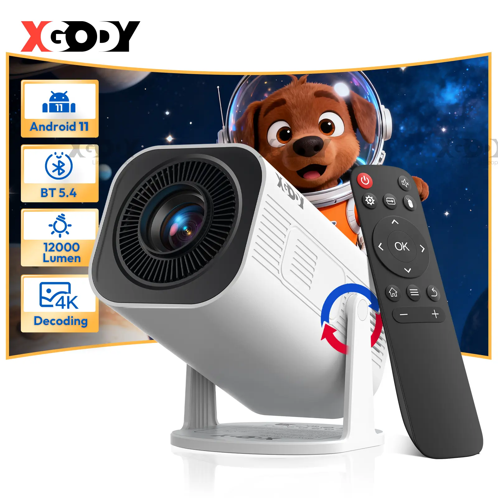 XGODY Gimbal 3 Pro Smart Projector, Native 720P 4K Decoding, 12000 Lumen Brightness, Android 11 & WiFi 6, 180° Rotatable Portable Design, 40-130" Large Screen for Family Movie Night, Bedroom, Outdoor Camping, and Yoga Fitness.