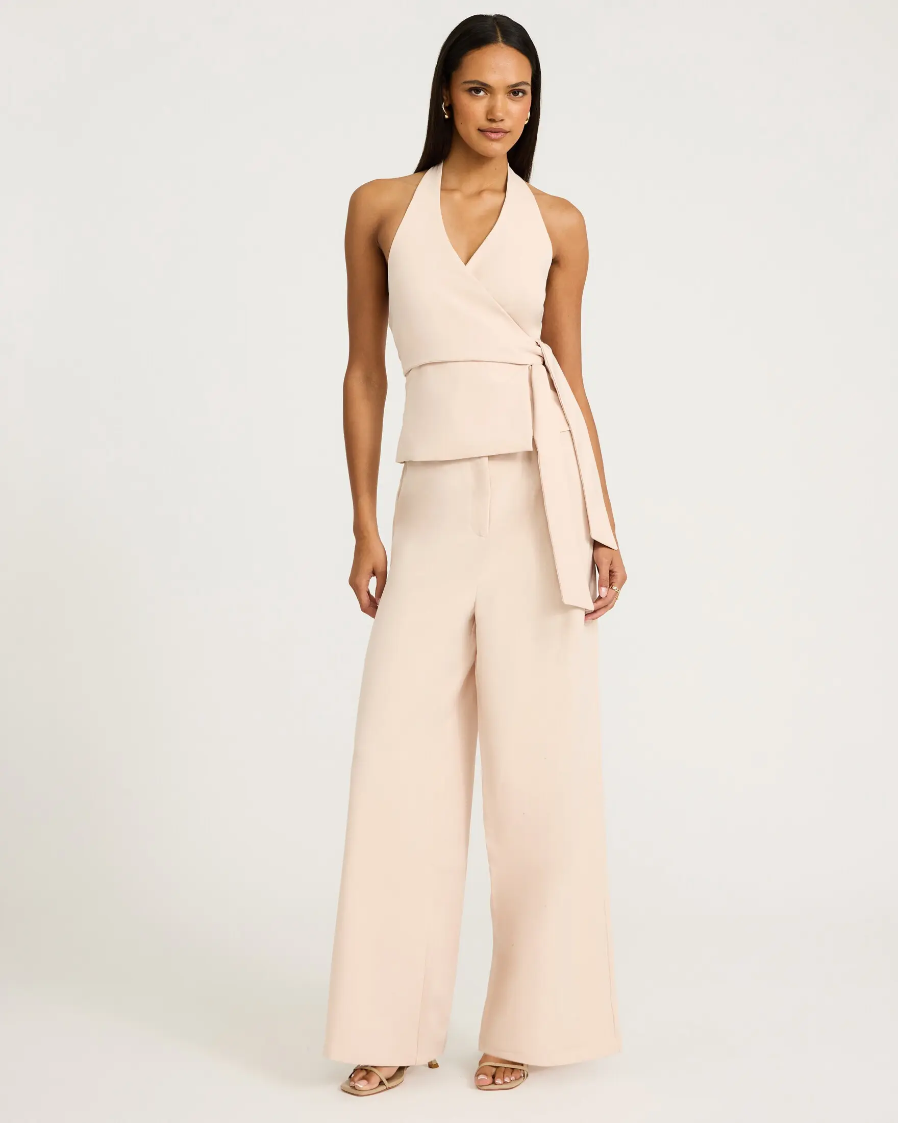 Express Crepe Halter Wrap Tie Waist Wide Leg Jumpsuit