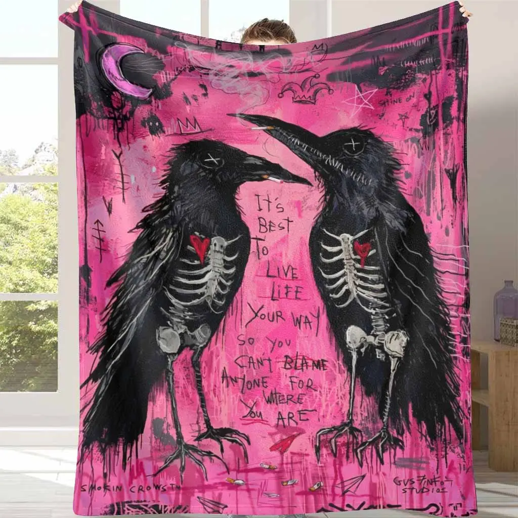 Gothic Raven Flannel Blanket - Gothic Alt Style, Distinctive Print, Ultra-Soft Lightweight Plush Microfiber, Durable Fade-Resistant Warm Bedding Throw for Living Room Sofa, Unique Artistic Gift for Friends, Autumn Winter Use, Distinctive Print Blankets, G