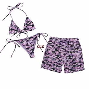 Lavender Camo Matching Couples Swimwear, Recycled Polyester String Bikini with Men’s Swim Shorts for Beach Vacation, Hot Bikini Set
