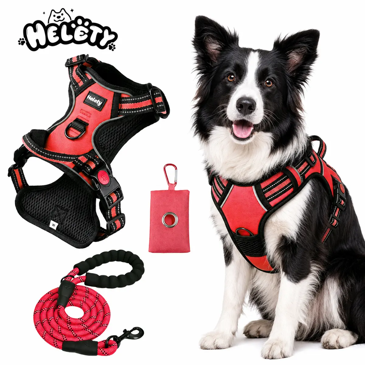 Helety Grab-and-Go Dog Walking Kit, Vest Harness with Matching 1.5 m Leash and Portable Poop Bag Dispenser for Quick Daily Outings double step in iyoshop pink notangled ogle ash pull protection large escape proof cat harness girl Stainless Prong Collar so