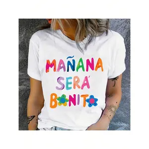 Letter Print T-Shirt, Short Sleeve Crew Neck Casual Top For Summer & Spring, Women's Clothing Casual Digital Print 220g Pure  Heavy 100% Cotton T Shirt Casual Digital Print  Pure Heavy Cotton  Womens T-Shirts