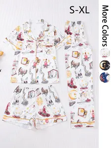3 pieces of women's Halloween witch hat, skull head, moon butterfly print, short sleeved shorts, pants, multiple colors, comfortable lapel knitted pajamas set, top pocket, elastic waistband suitable for all seasons, casual home wear, Loungewear
