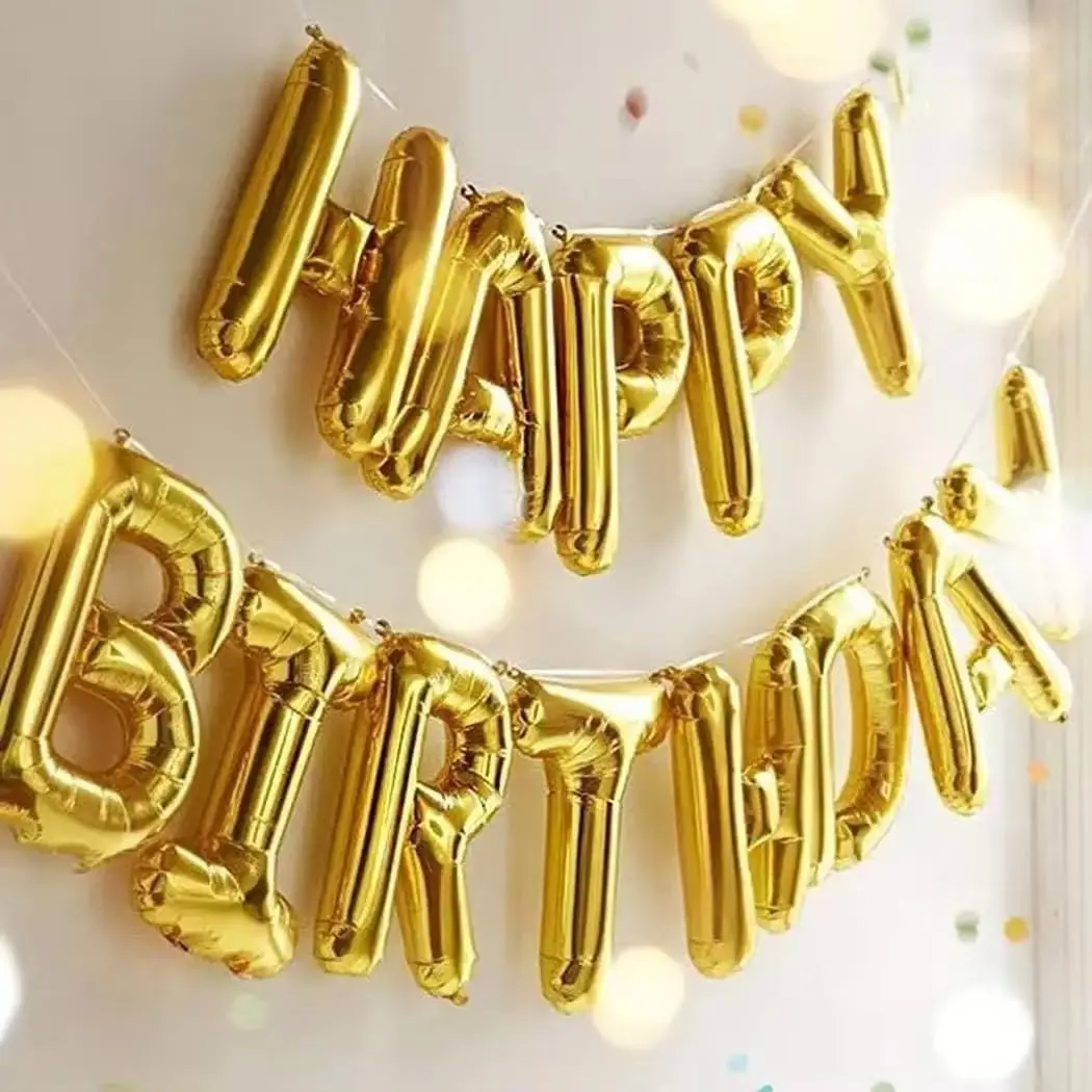 Gold Happy Birthday Banner, 16" Foil Letters & Stars for Kids, Men, Women Party Decorations