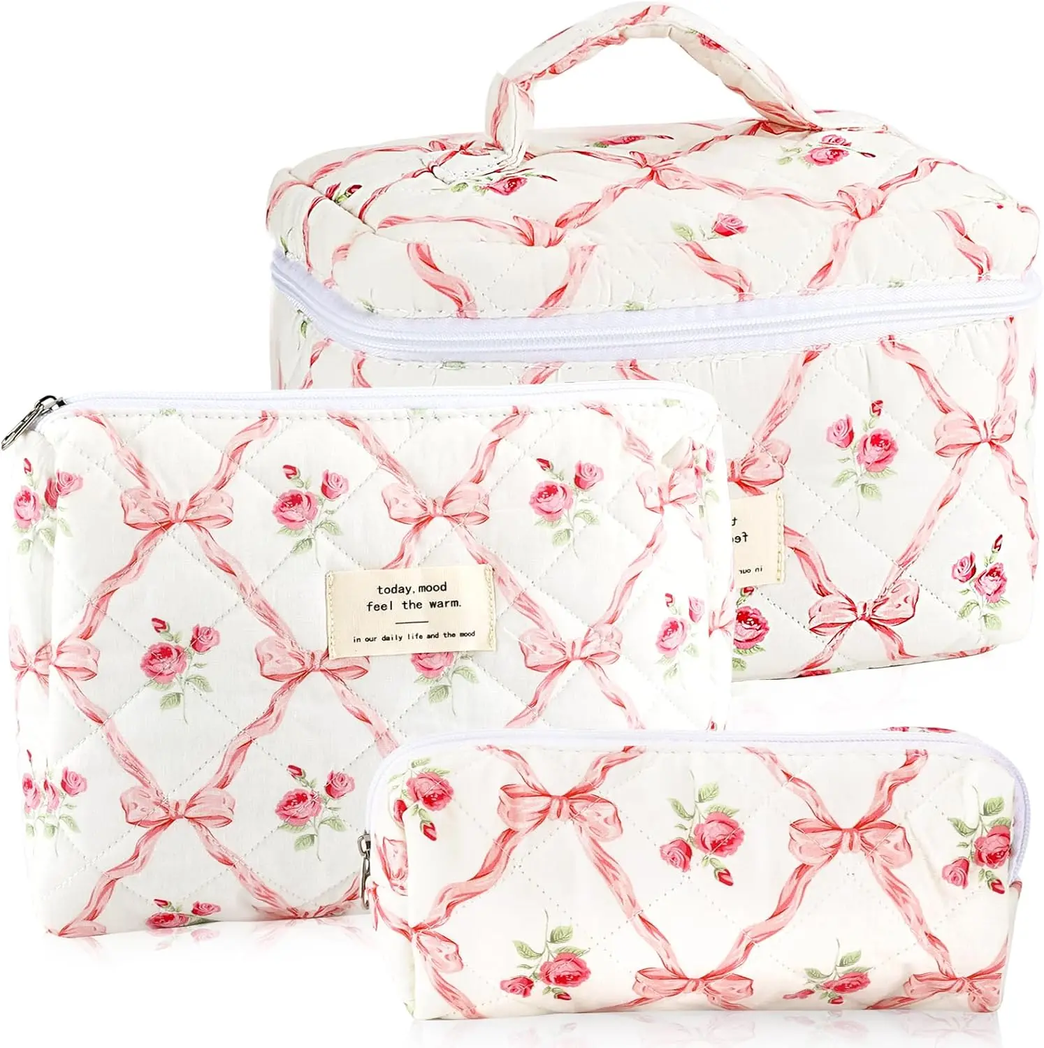 LAKSMI 3-Pcs Chic Cotton Material Floral Pattern Make-Up Bags Set, Large Travel Portable Cosmetic Pouch with Detachable Strap, Butterfly Quilted Storage Organizer, Quilted Floral Make-Up Bags, High-Capacity, Letter, Multi-Function, Quilted Bags