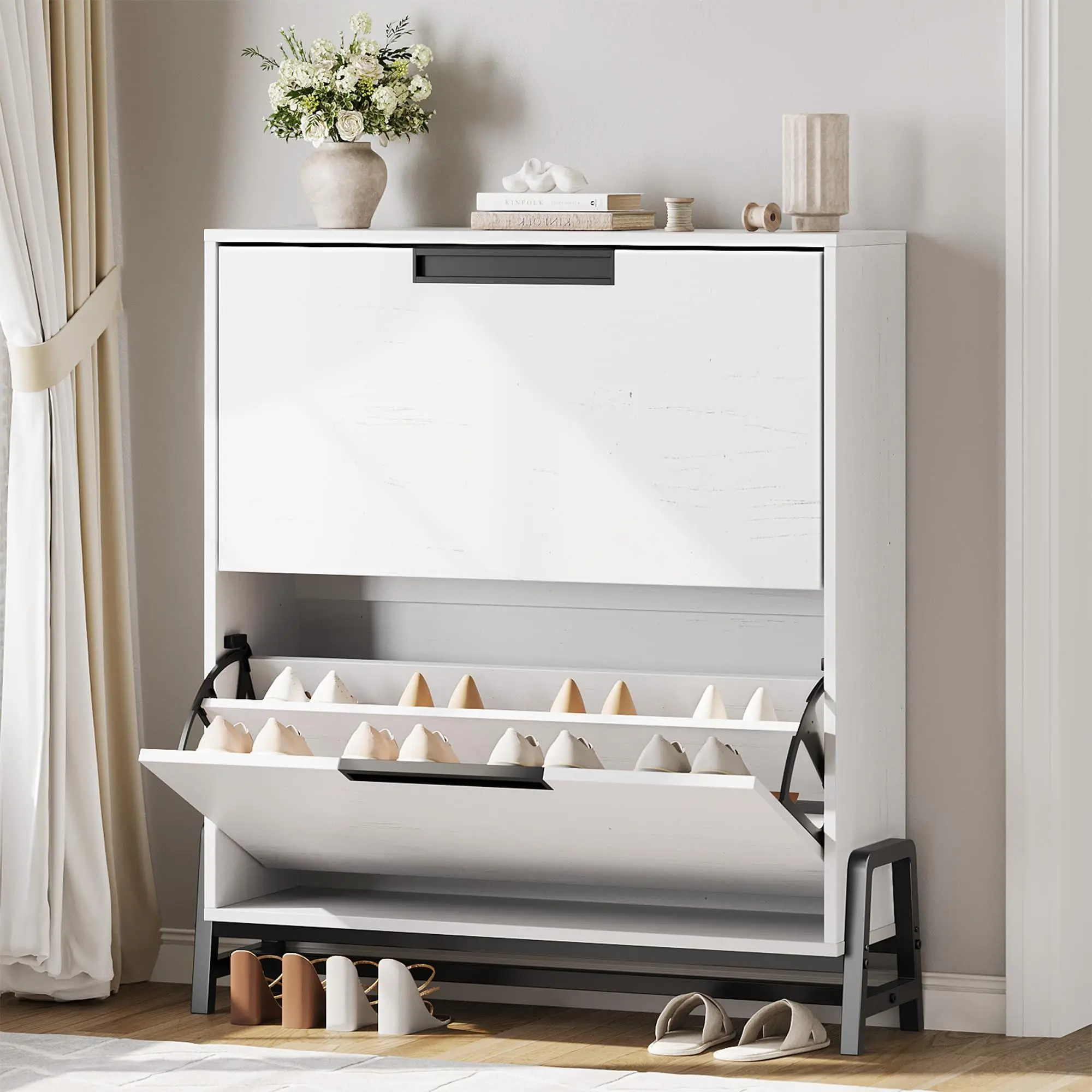 Gaomon Modern Multifunctional Foldable Expandable Shoe Storage Cabinet - Freestanding Narrow Flip-Drawer Organizer with 2 Drawers, 2-Layer, Metal Legs, Adjustable Shelf, Racks for Entryway, Porch