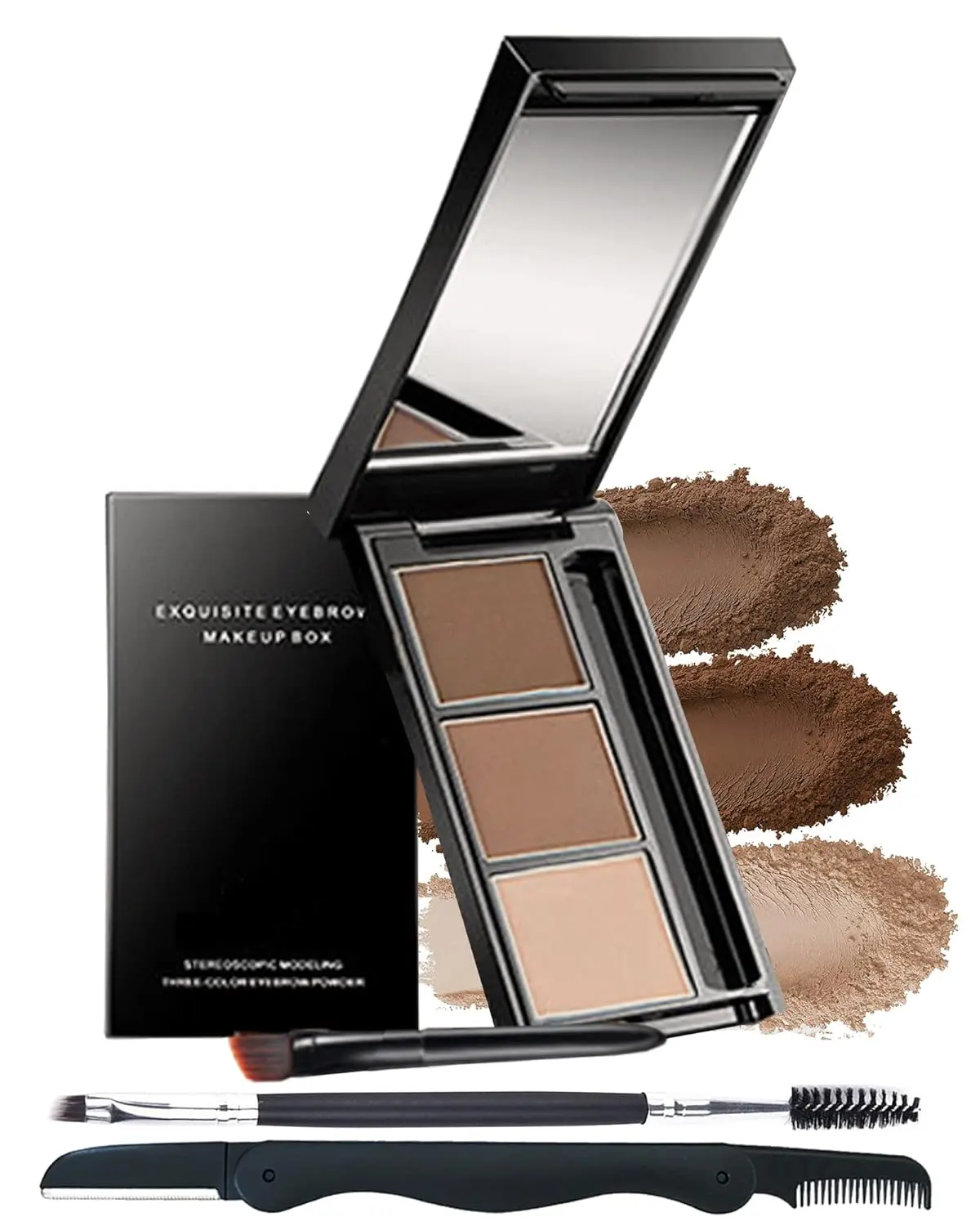 3 Color Eyebrow Powder Kit Waterproof Long Lasting Brow Powder Palette, Dark & Light Brown Eyebrow Filler for Natural Full Brows, Includes Mirror, Brush & Razor for Fill & Sculpt Makeup