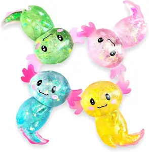 4 Pack Glitter Axolotl Squishy Toys Set, Ultra Soft Stretchy Slow Rising Stress Balls, Sensory Fidget Squeeze Toys for Anxiety Relief, Cute Gifts for Kids & Adults