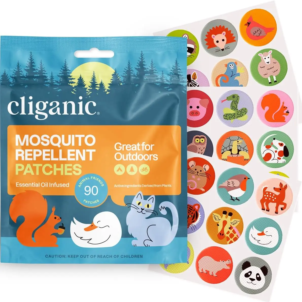 Cliganic Mosquito Repellent Stickers (90 Pack) - Animal Patches for Kids, Natural DEET-Free, Essential Oil Infused, Insect Repelling Garments