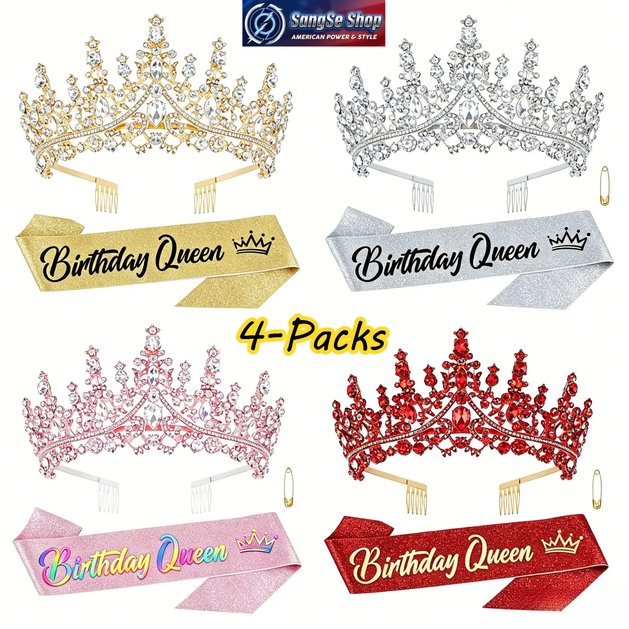 4Packs 2026 Birthday Queen Accessory Set, Rhinestone Tiara Crown, Birthday Sash with Pin & Celebration Headband, Sparkly Party Decorations, Elegant Birthday Outfit Accessories for Women, Birthday Party, Photoshoot & Special Celebration Events