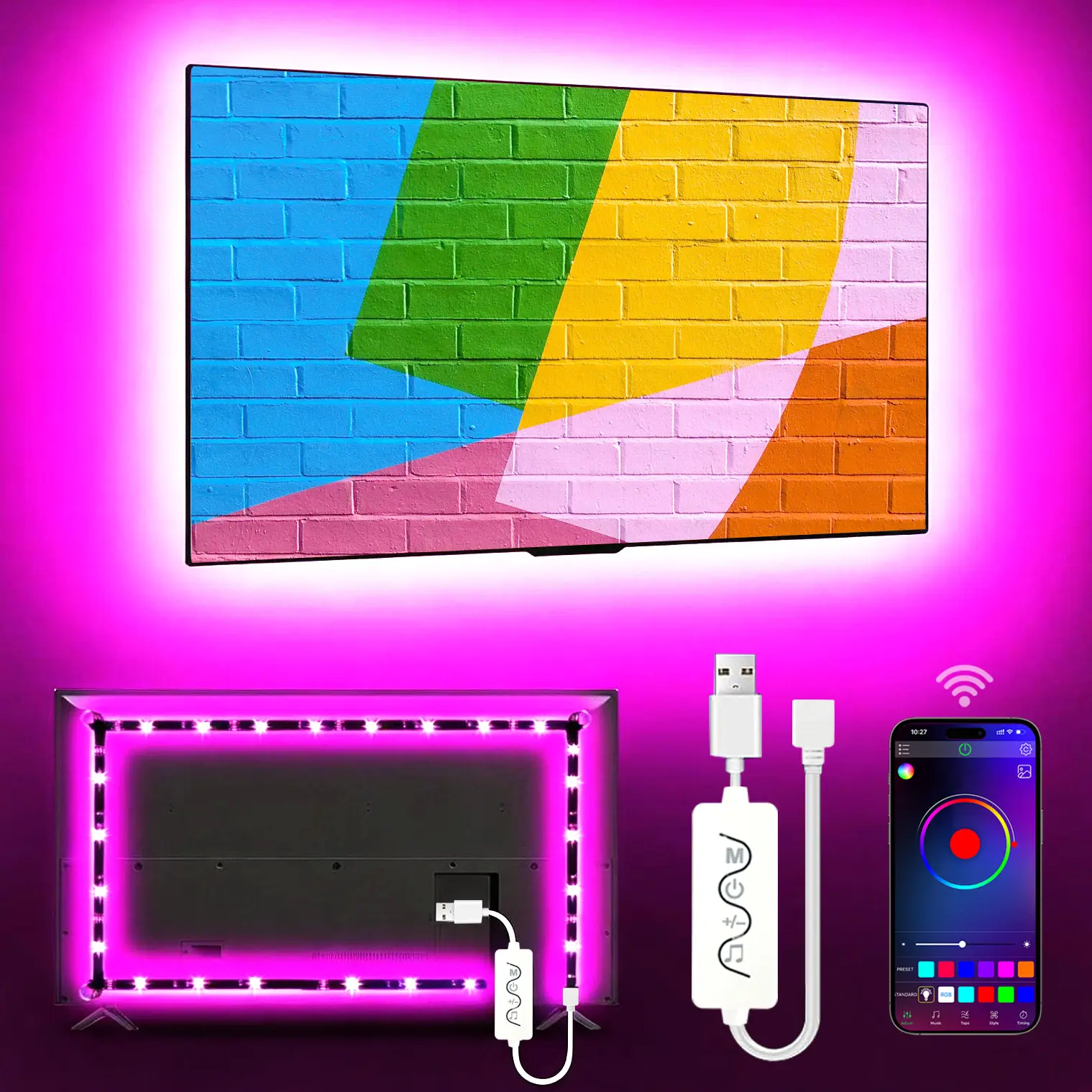 Smart RGB TV Backlight LED Strip 9.84FT 16.4FT – Music Sync, Bluetooth & Button Control, USB Powered – Fits 32-43in TVs, Perfect for Bedroom & Gaming