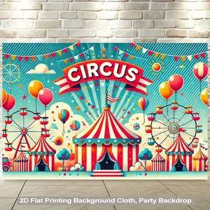 2D Flat, 1pc Circus Party Backdrop with Ferris Wheel & Carnival Tents - Large Red/White Striped Tent, Balloons & Confetti Design - "CIRCUS" Lettering - Decorations, Circus Theme Wall Hanging Background