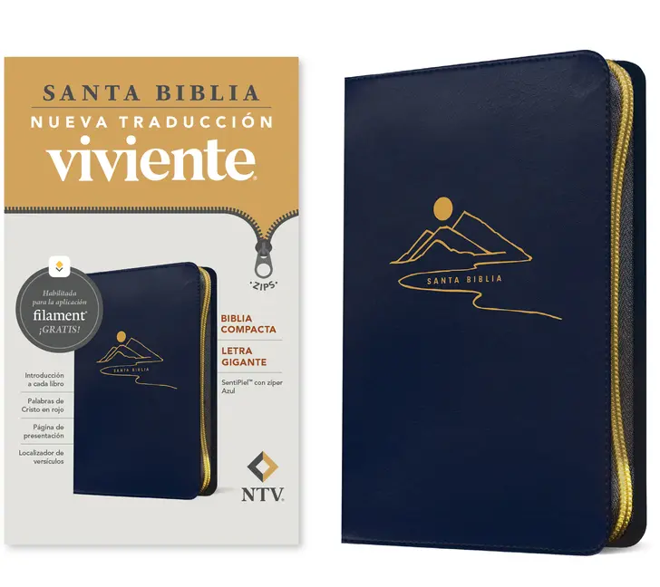 Biblia Compacta Ntv, Letra Gigante de Zíper Con Filament (Sentipiel, Azul, Letra Roja) -- Tyndale - Bible