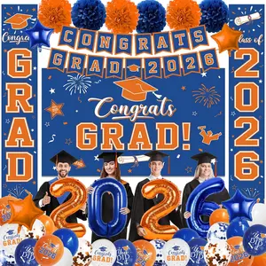 Graduation Decorations Class of 2026, Blue and Orange Graduation Decorations with Congrats Grad Backdrop, Class of 2026 Banner,Porch Sign, Balloons, Foil Number 2026 for graduation Party Supplies