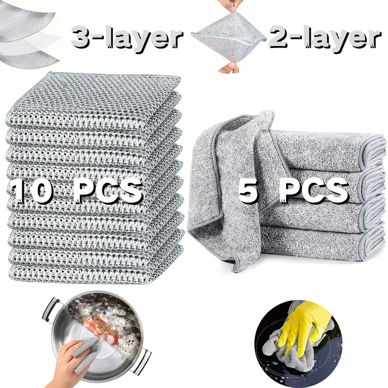 15 Piece Kitchen Cleaning Cloth Set including 10 Double or Triple Layer Non Scratch Wire Dishcloths and 5 Super Absorbent Microfiber Dish Towels Durable Oil Resistant and Fast Drying Ideal for Cleaning Dishes Stovetops Range Hoods and Sinks