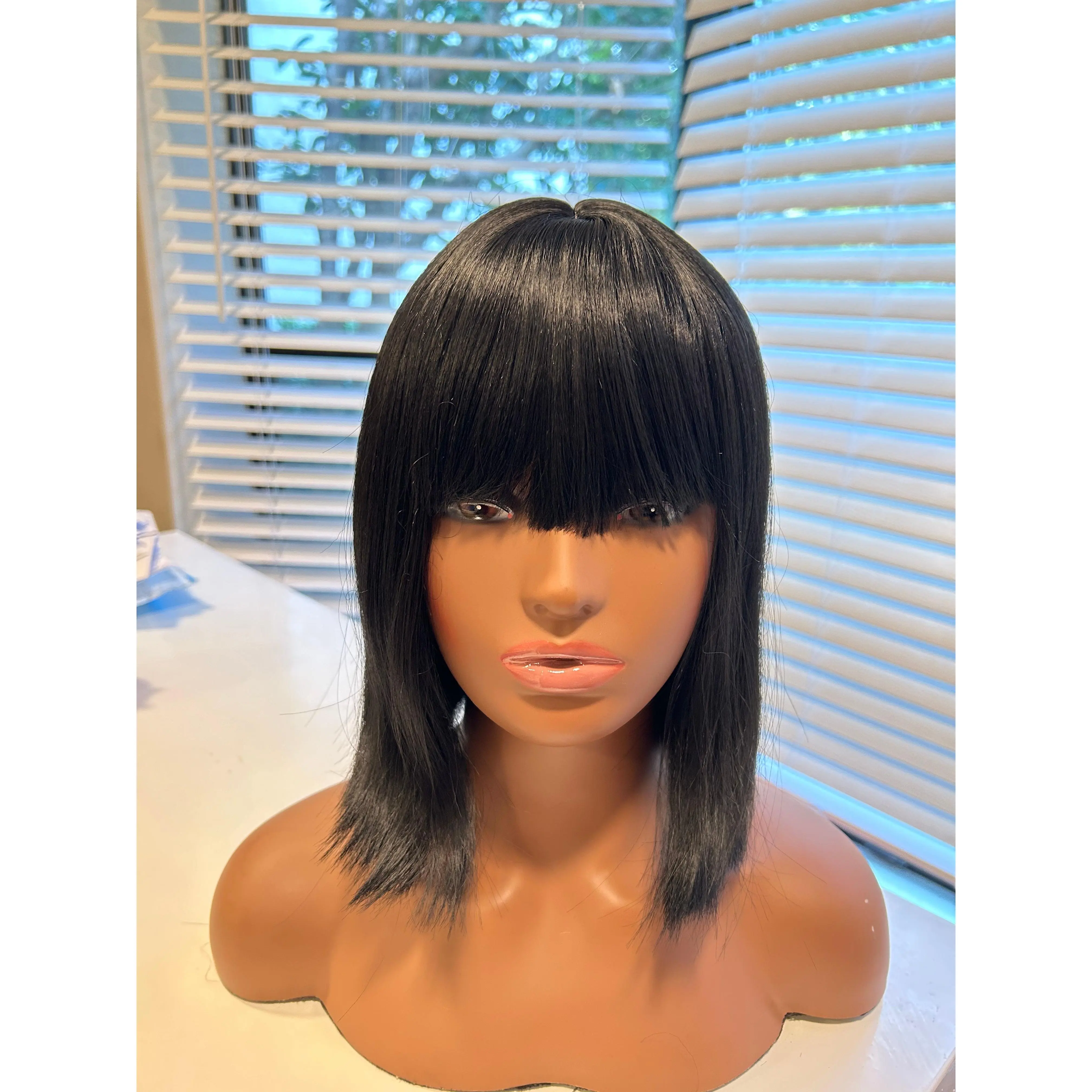 Kinky Straight Bob Cut Wig for Women, 12-Inch Synthetic Lace Front Hairpiece with Bangs, Natural-Look in 1B Color