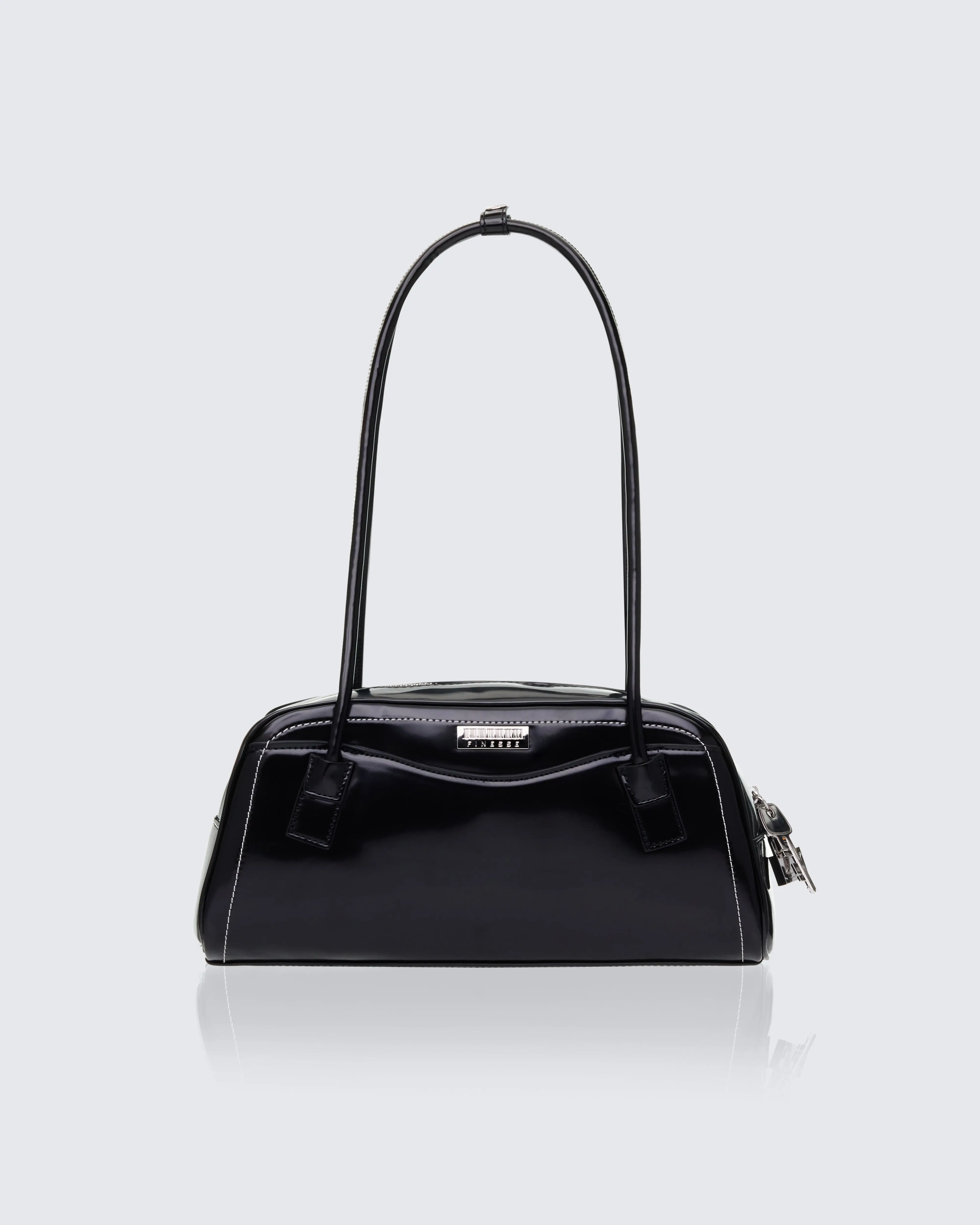 Chic Black Bowler Bag with a Structured Dome Silhouette, Faux Patent Leather Fashionable Shoulder Bag with a Single Strap, Chic Bag