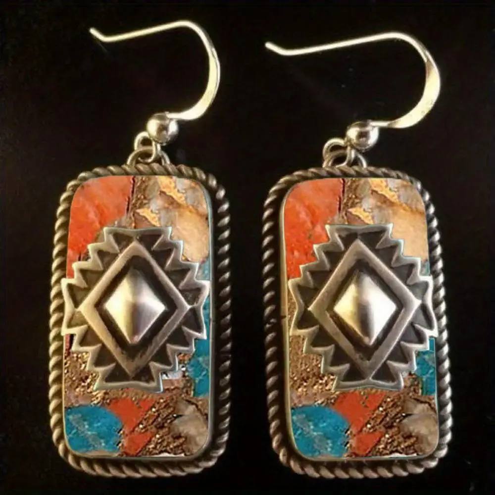 1 Pair Chunky Retro Bohemian Rectangular Dangle Earrings - Handmade Contemporary Ethnic Retro Western Earrings, Birthday Anniversary Gift for Friends & Teenagers, Bohemian Earrings