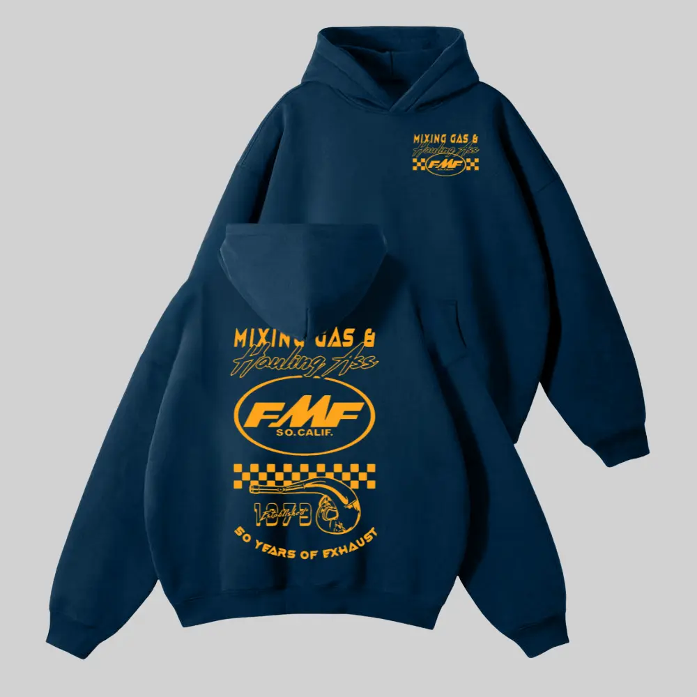 FMF Racing Mixing Gas Hauling Ass 50 Years of Exhaust Anniversary Hoodie, Sweatshirt, T-Shirt, Vintage Motocross Graphic Tee, Classic SoCal Racing Streetwear, Unisex Fan Gift