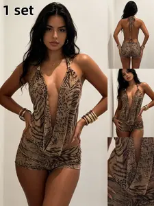 Two-Piece Summer Retro Chic Leopard Print Halter Top and Shorts Set, Low Neck Drop Shoulder Design, Slim-Fitting for Petite Women